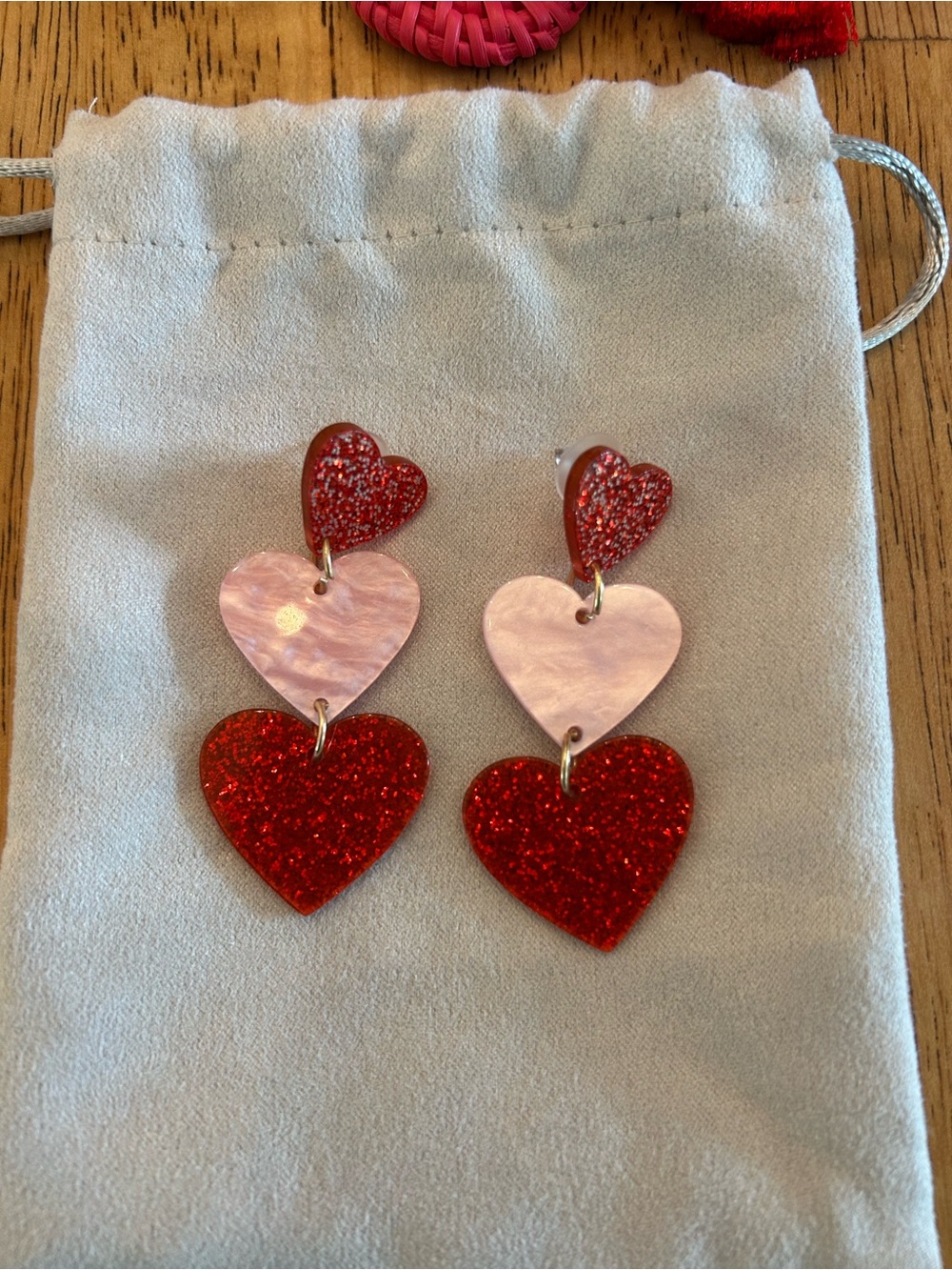 Triple Heart Dangle Earrings - Red & Pink